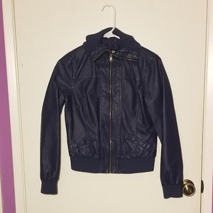 Navy Blue Faux Leather Jacket